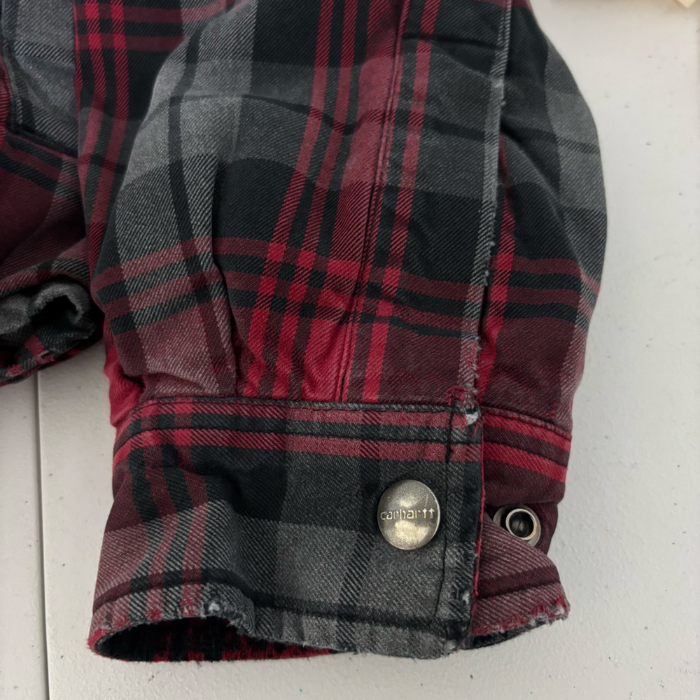 Carhartt Men's Red Black Plaid Flannel Shirt Jacket- Shacket Size‎ L Thrashed - Picture 12 of 14